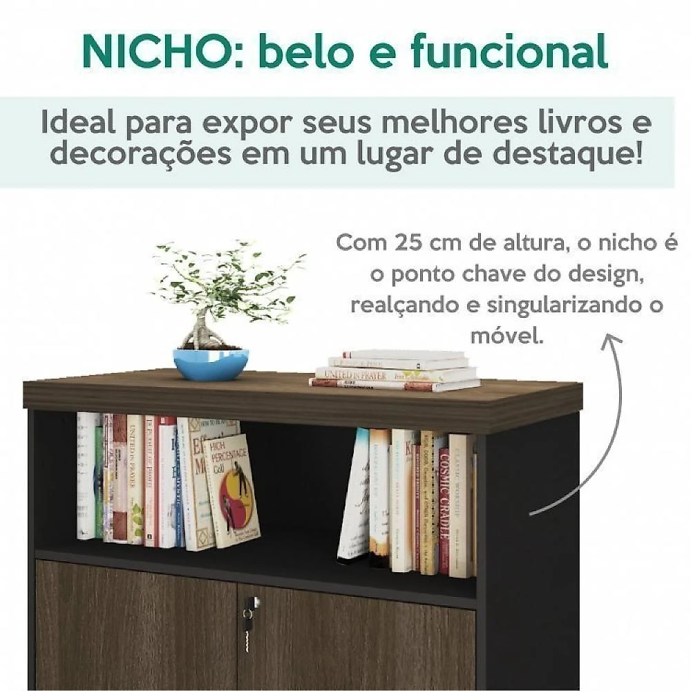Kit 2 Peças 1 Mesa em L 1 Armário Alto com Nicho Tamburato Conjunto Escritório com Mesa LD com Armário Diretor Artany Charuto/Preto