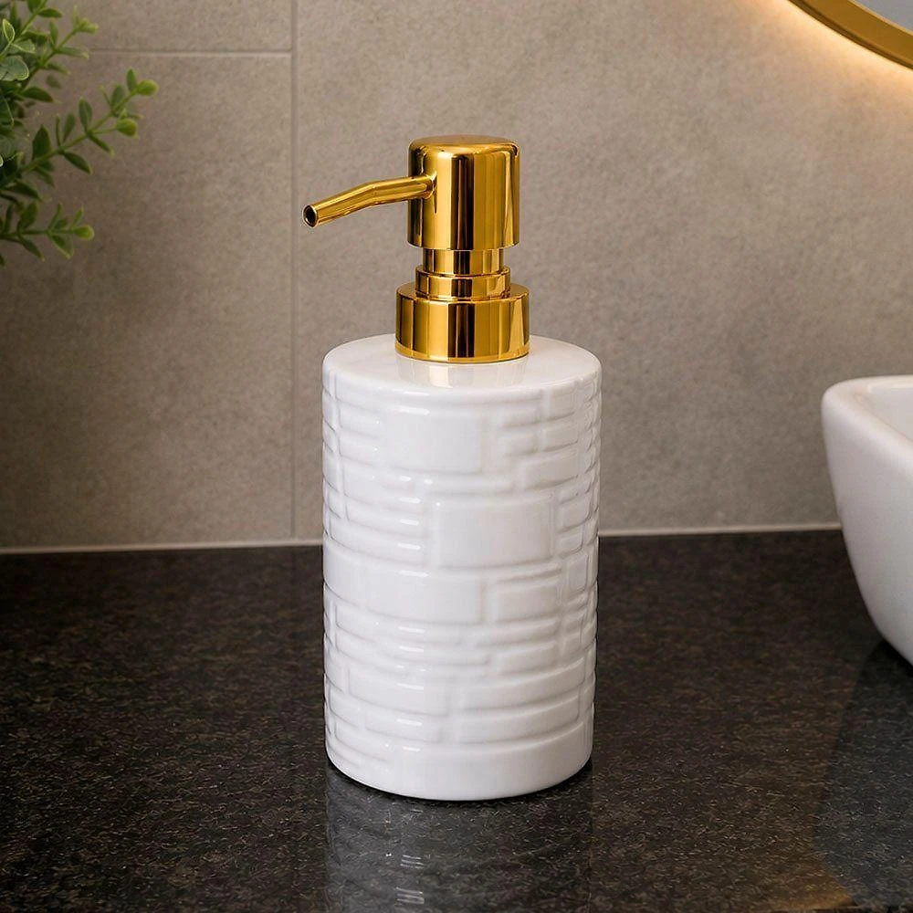 Porta Sabonete Líquido Dispense Cerâmica 300ML Banheiro Branco e Dourado