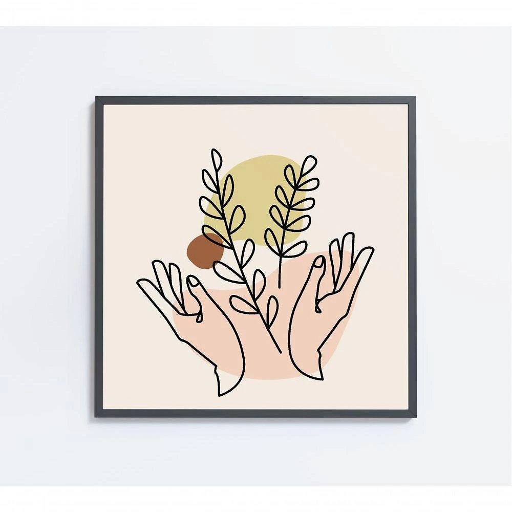 Quadro Feminino Silhueta Mãos Ramos Artística Contínua Medidas 80x80 Cm Impressão Vidro Acrílico