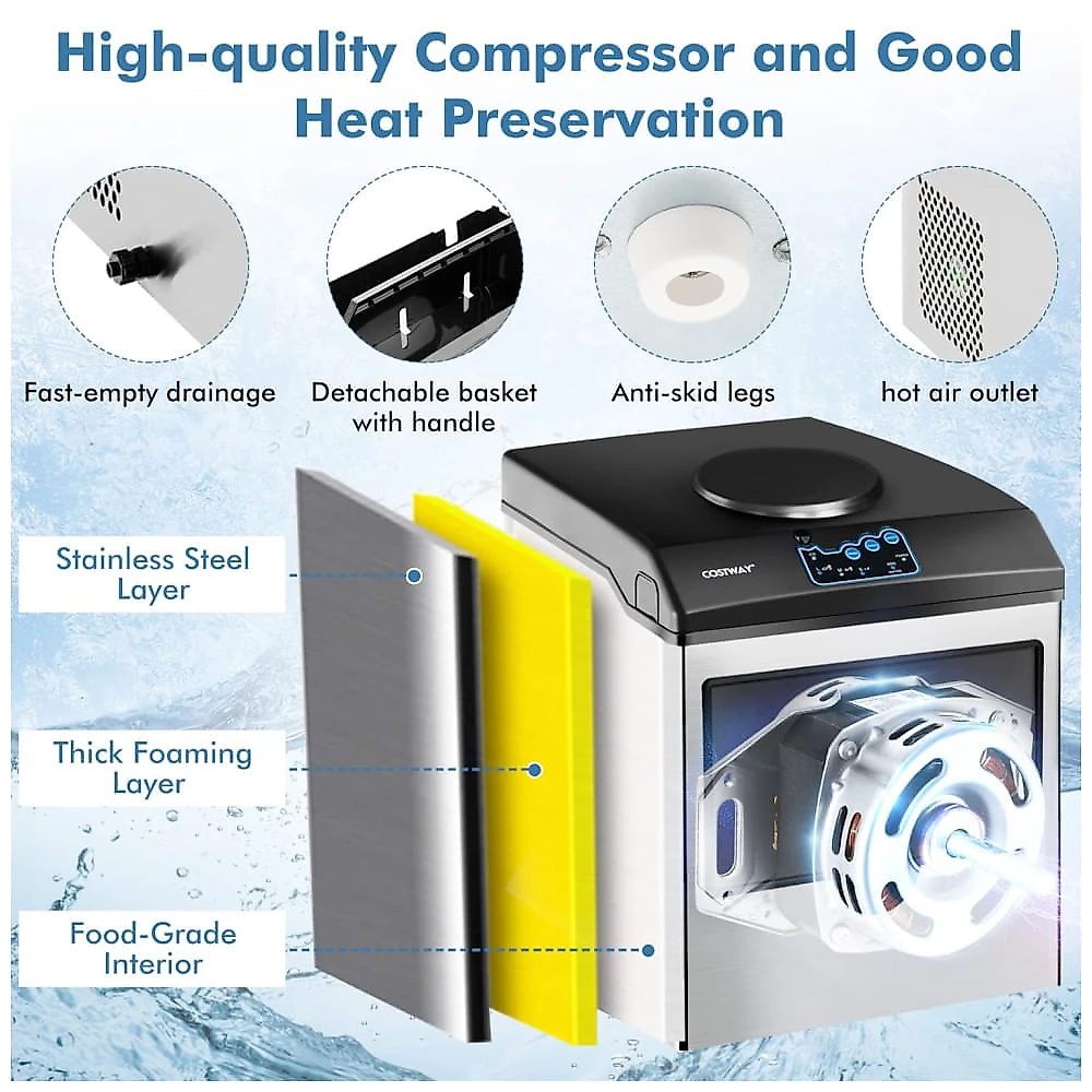 Máquina de Gelo que Produz 21 kg em 24H com Armazenamento de 2 kg e Dispensador de Água Gelada, 110V, COSTWAY, Prata e Preta 110v