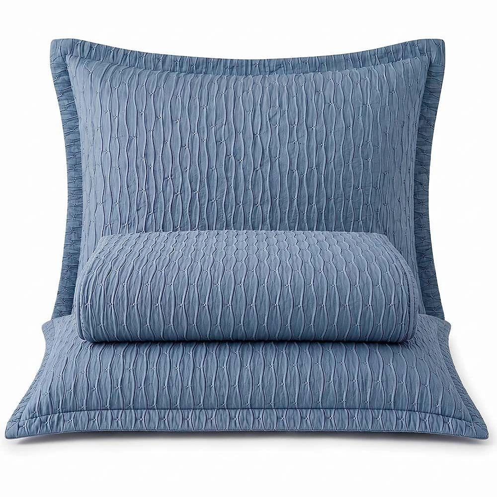 Kit Cobre Leito Elegance Queen 100% Poliéster Percal 300 Fios Matelassê Azul Jeans Casa Scarpa