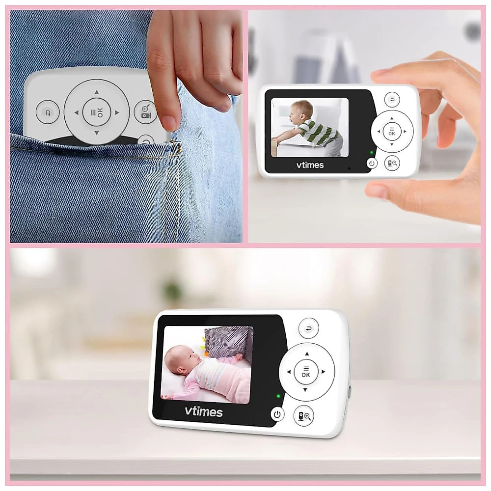 Babá Eletrônica com Câmera e Áudio, Visão Noturna, Tela LCD de 2,4", Sensor de Temperatura, 1000ft - Ideal para Bebês, Idosos e Animais,VTimes
