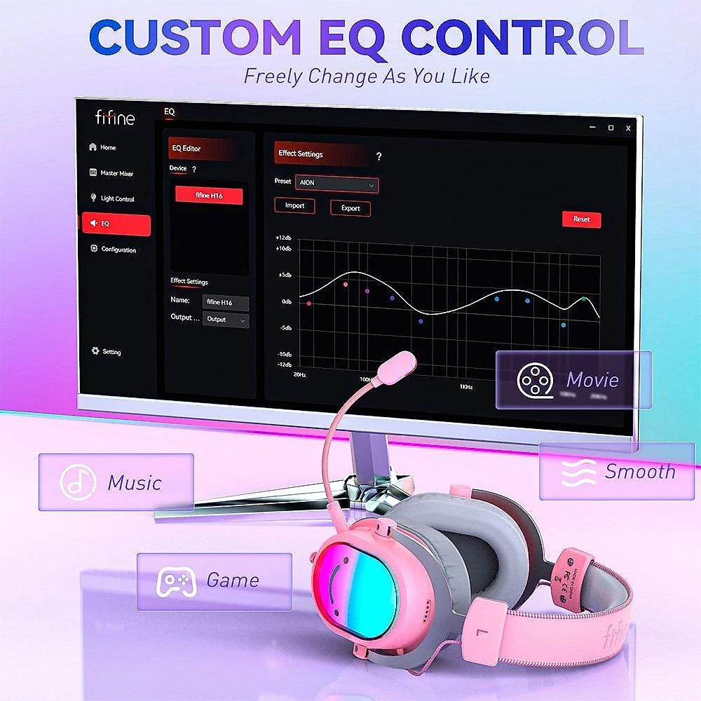 Headset Gamer Fifine AmpliGame H16, 7.1 Surround, Microfone com Cancelamento de Ruído, para PC/PS/MAC, Rosa - H16P