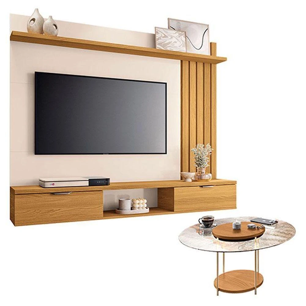 Painel Suspenso Lets Cinamomo Off White Com Mesa De Centro Sky Com Tampo De Vidro Cinamomo - Hb Móveis