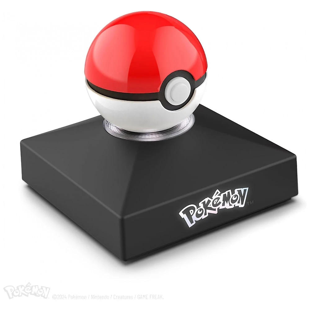 Mini Réplica Poké Ball Eletrônica Pokémon The Wand Company Vermelho, Branco e Preto em Metal com Iluminação LED e Base - Réplica Oficial e Detalhada