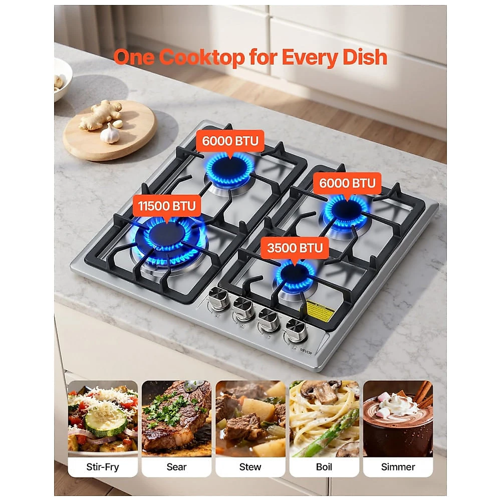 Cooktop a gás de embutir 58 cm VEVOR vidro temperado preto/inox 4 queimadores dupla alimentação GN/GLP proteção termopar 110V