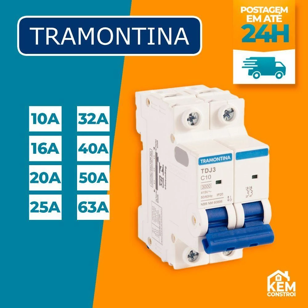 Disjuntor Unipolar Bipolar Tripolar 10A a 63A Curva C para Cargas Indutivas Tramontina