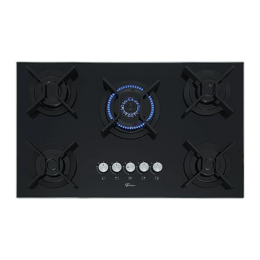 Cooktop 5 Bocas Fischer Infinity Trempe De Ferro Tripla Chama à Gás Mesa De Vidro Preto Bivolt