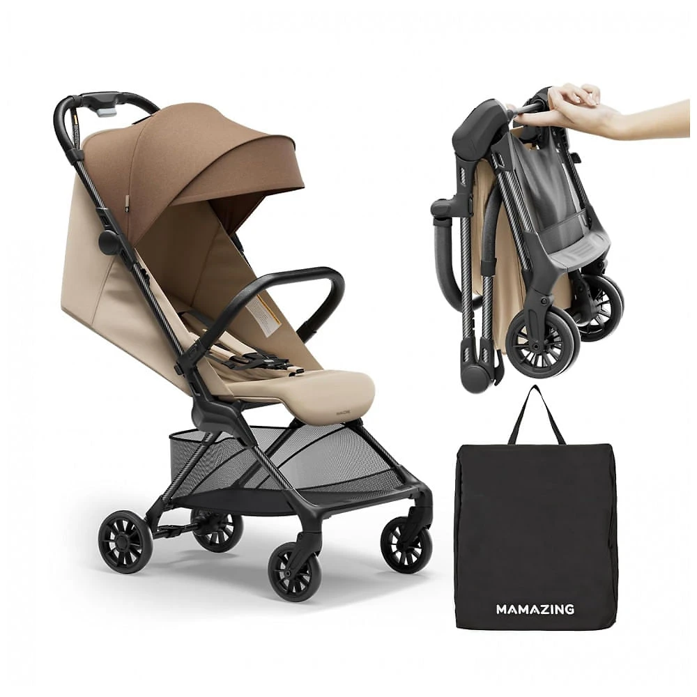 Carrinho de Bebê MAMAZING Ultra Air X Marrom Fibra de Carbono, Ultra-leve < 4,5 kg, Reclínio Ajustável, Capota UPF 50+, Bolsa Viagem