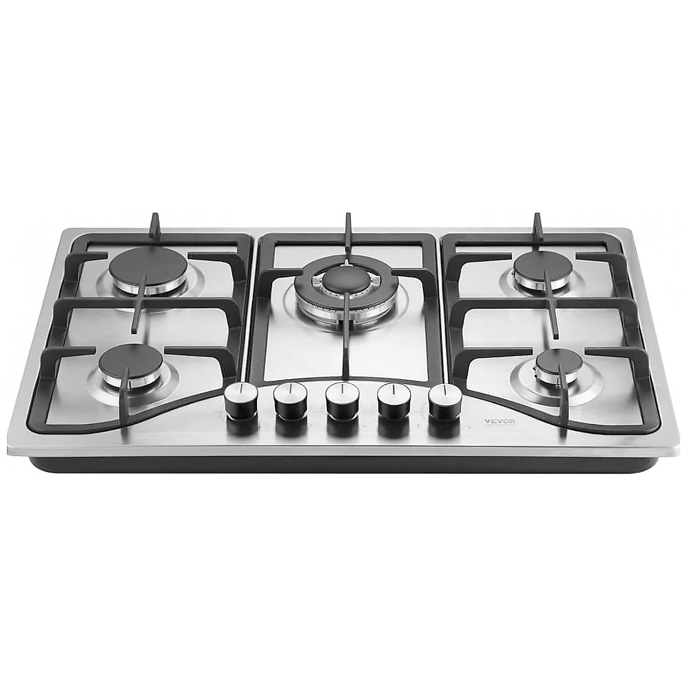 Cooktop a gás 5 bocas VEVOR inox escovado embutir conversível GN/GLP com5 Queimadores, Aço Inox, Segurança com Termopar, Alta Eficiência 110V