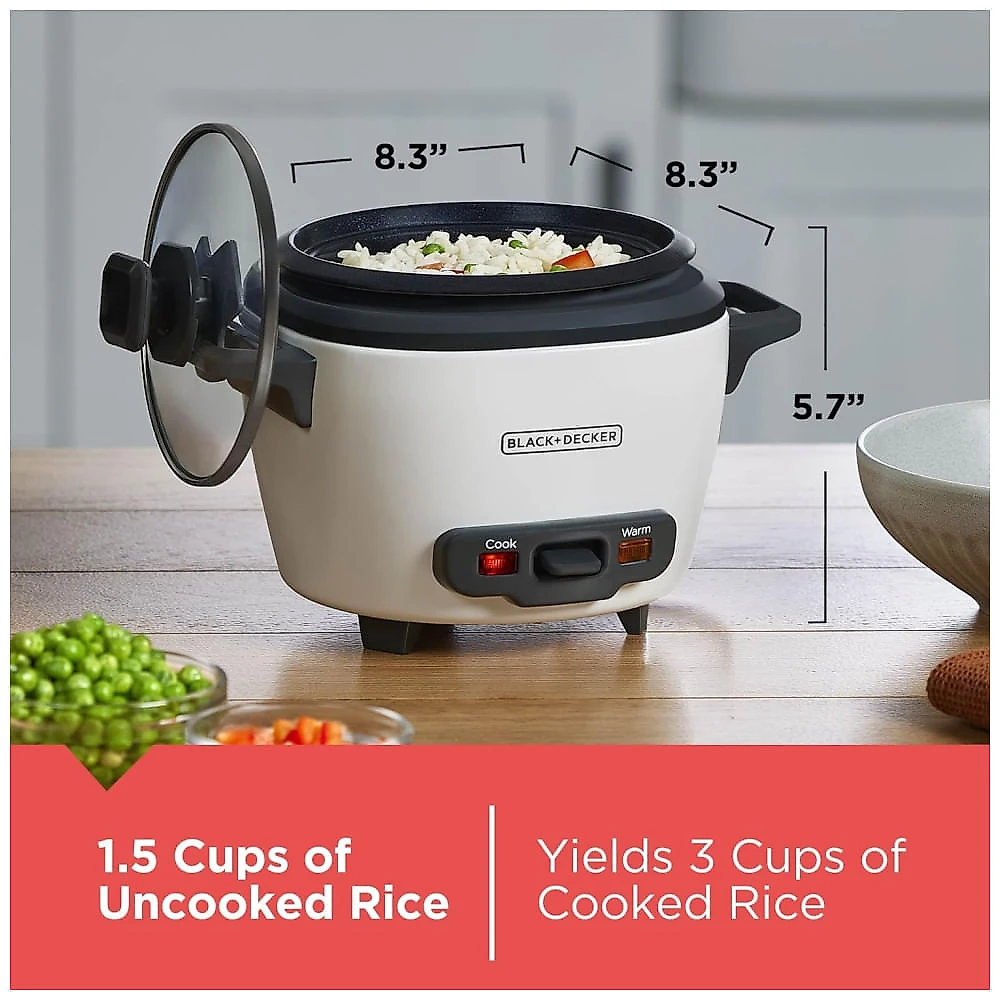 Panela Elétrica de Arroz BLACK+DECKER 3 Copos, 1,5 Copo de Arroz Cru, 3 Copos Cozidos, Cesto de Cozimento a Vapor, Tigela Antiaderente Removível,