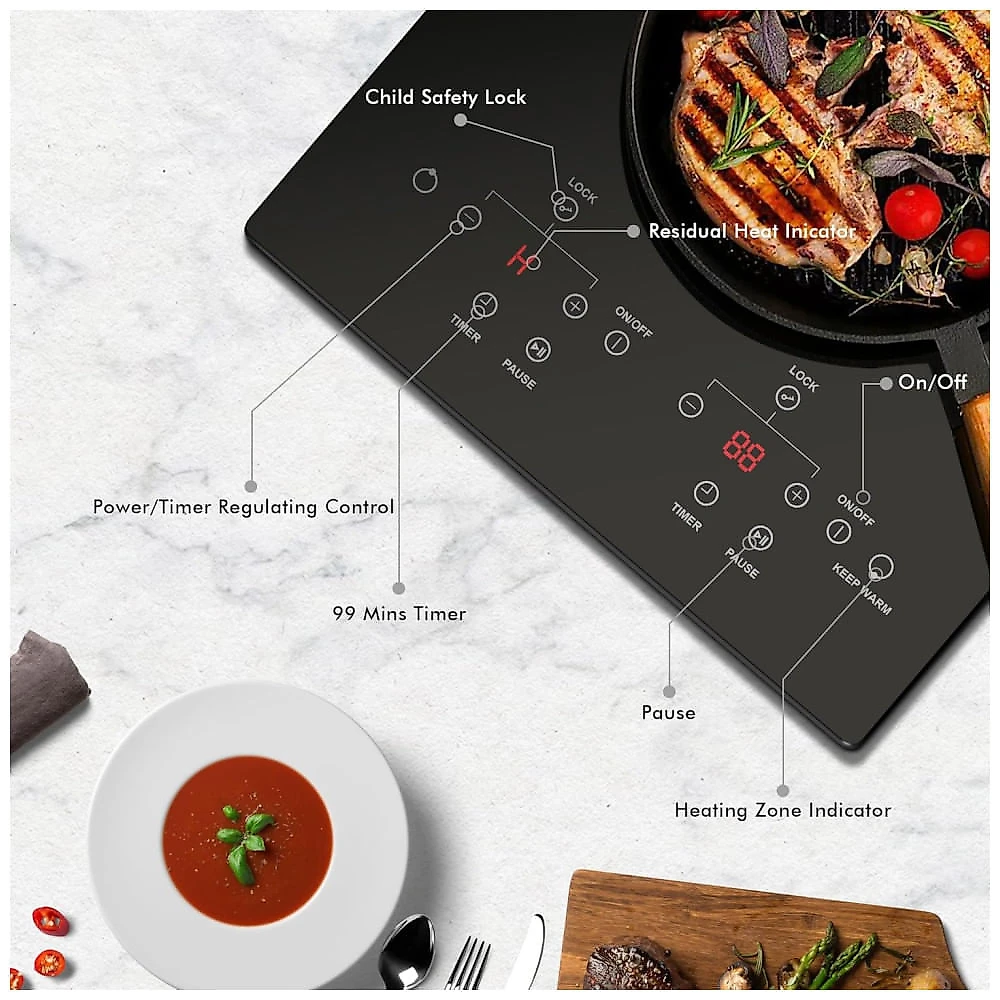 Cooktop Elétrico de 2 Bocas Embutir, Touch Control, Timer, Bloqueio de Segurança - Jessier
