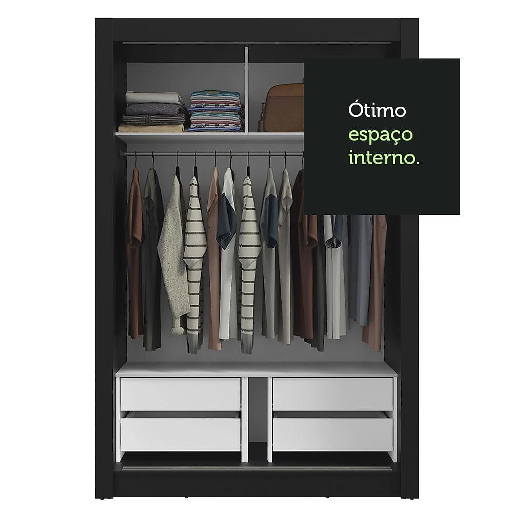 Guarda-roupa solteiro 2 portas de correr 4 gavetas preto/rustic vivare plus madesa