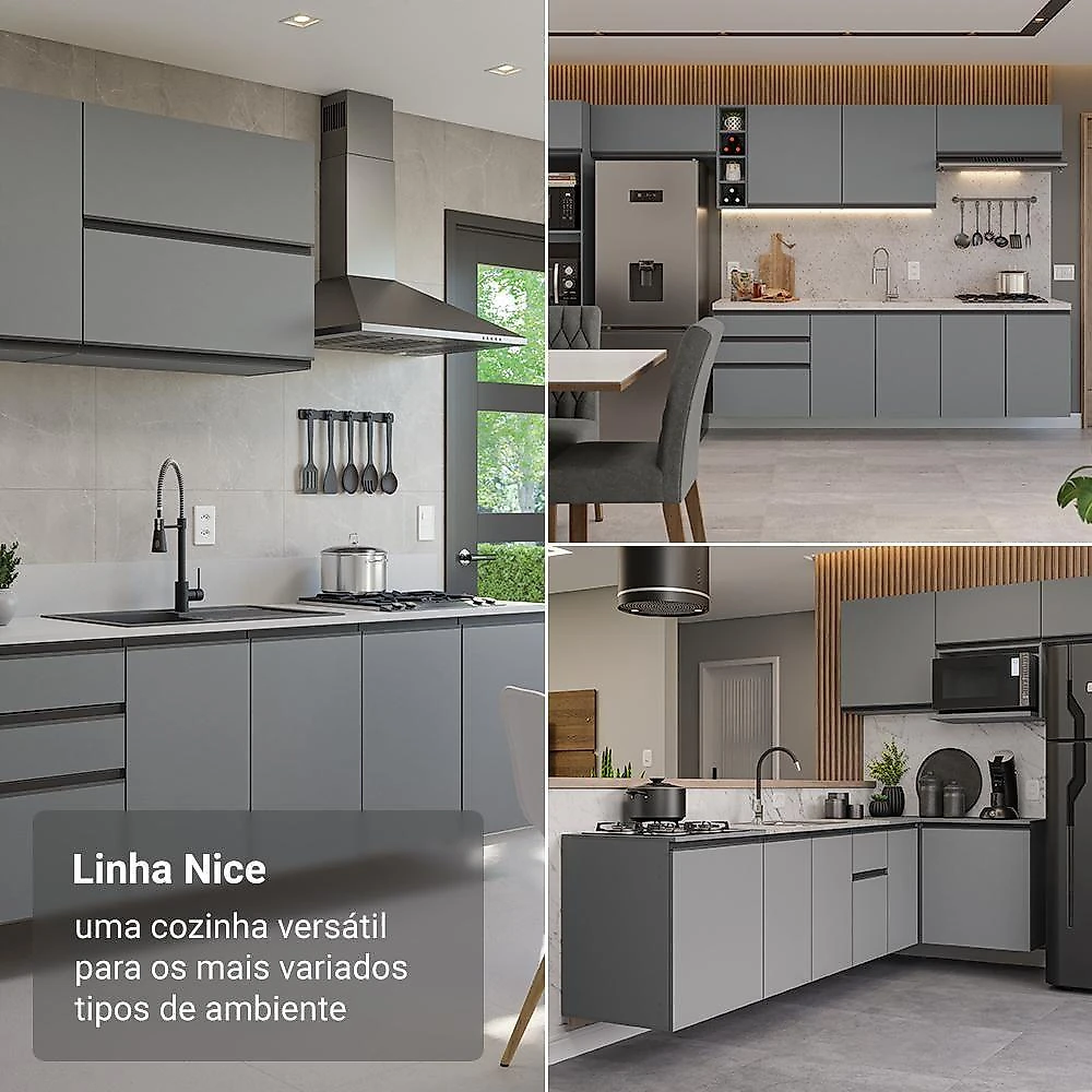 Armário De Cozinha Completa De Canto 445cm Suspensa Cinza Nice Madesa 04 Cinza