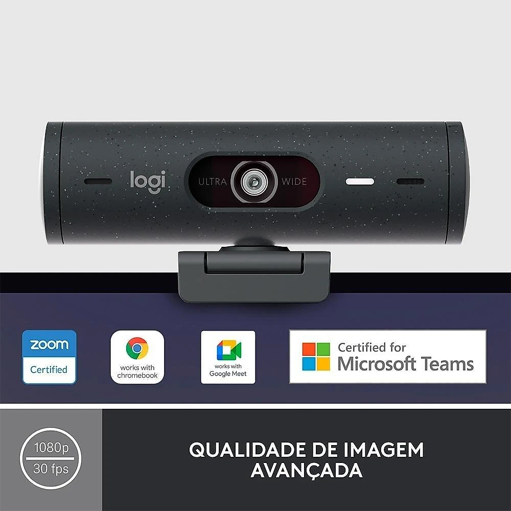 Webcam + Suporte Logitech Brio 500 Full HD, 1080p, 30 FPS, com Microfones Duplos, USB, Suporte Incluso, Grafite - 960-001412