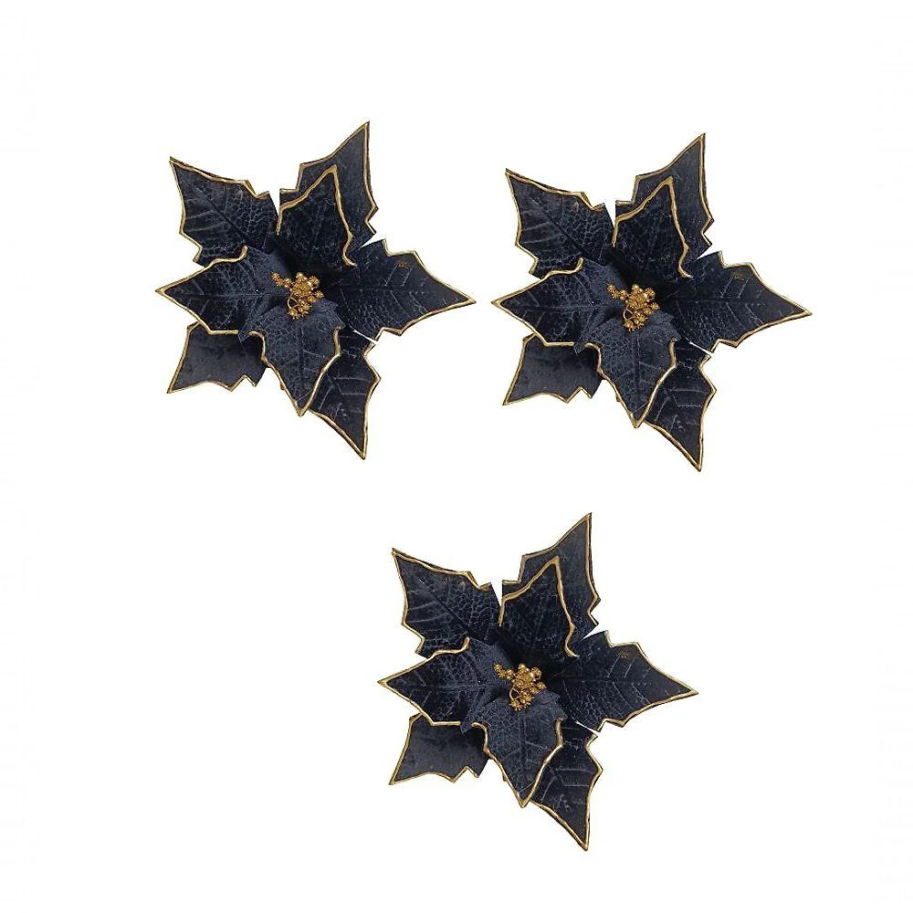 Kit Com 3 Poinsettia Preta Aveludada Com Detalhes Dourados 33cm