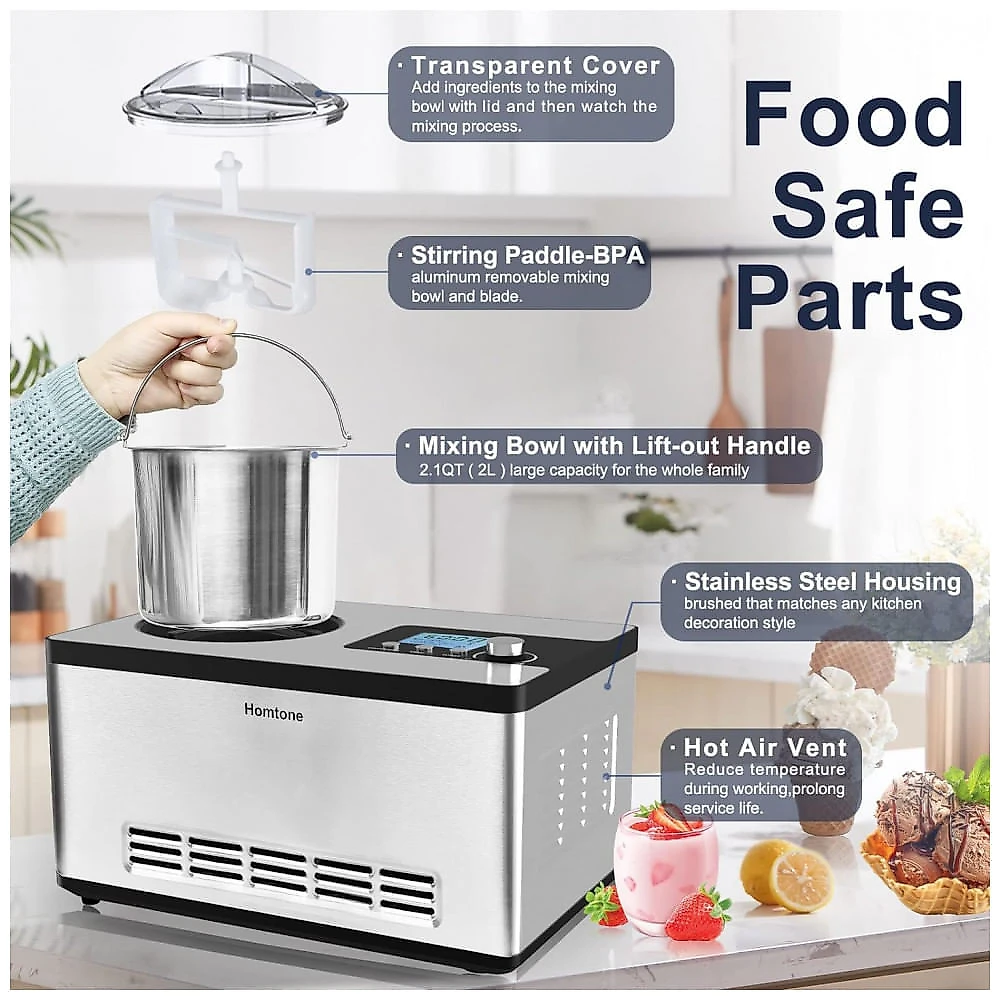 Máquina de Sorvete Automática 1,9L com Compressor Embutido e Temporizador LCD, Homtone, Prata