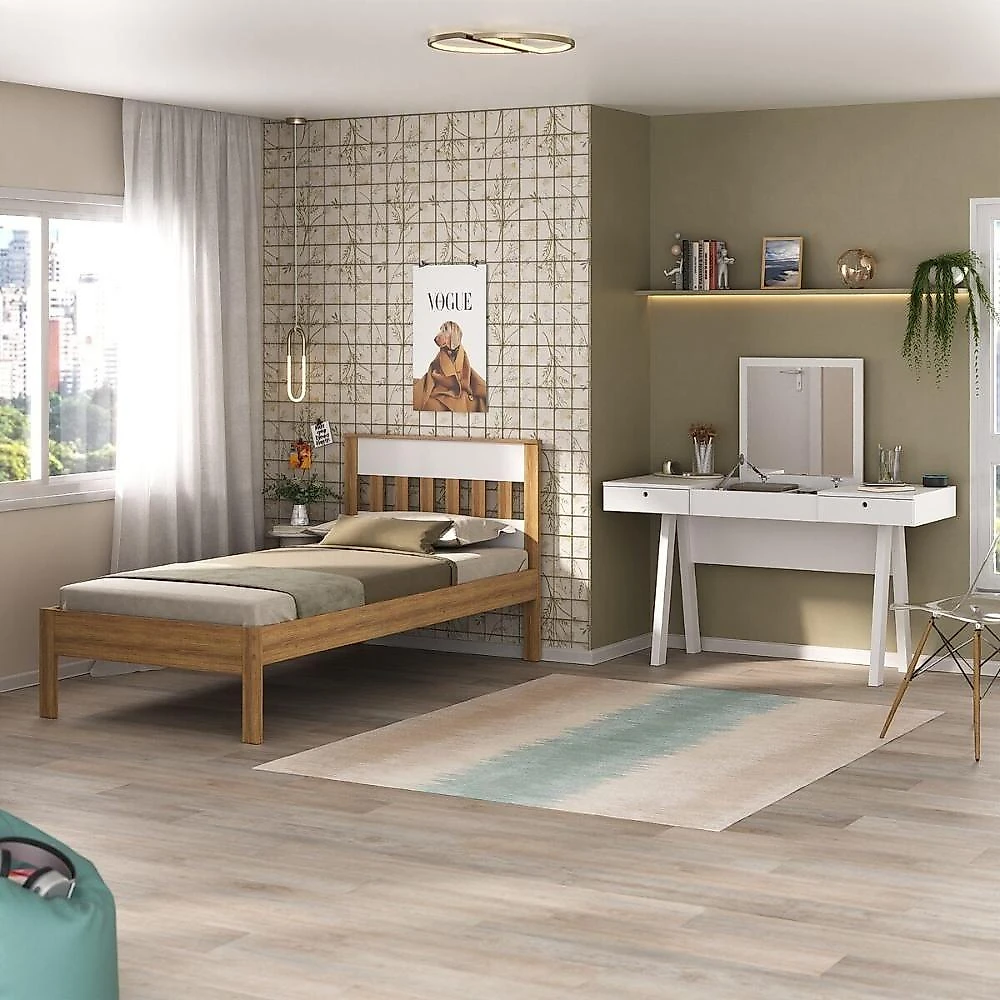 Cama De Solteiro Para Colchão 88 X 188 Cm Com Penteadeira 131,5cm Multimóveis CR35247 Amêndoa/branco