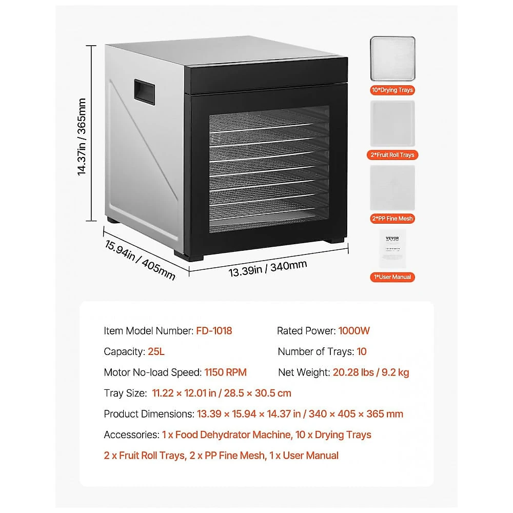 Desidratador de Alimentos VEVOR Prata 10 Bandejas Inox 1000W Timer 24h 120V