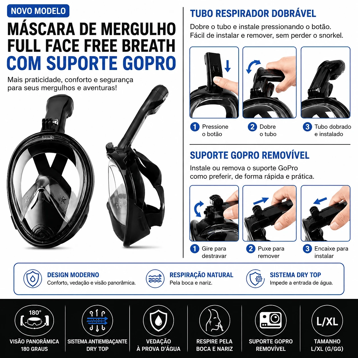 Máscara de Mergulho Snorkel Full Face Free Breath Preta com Suporte GoPro
