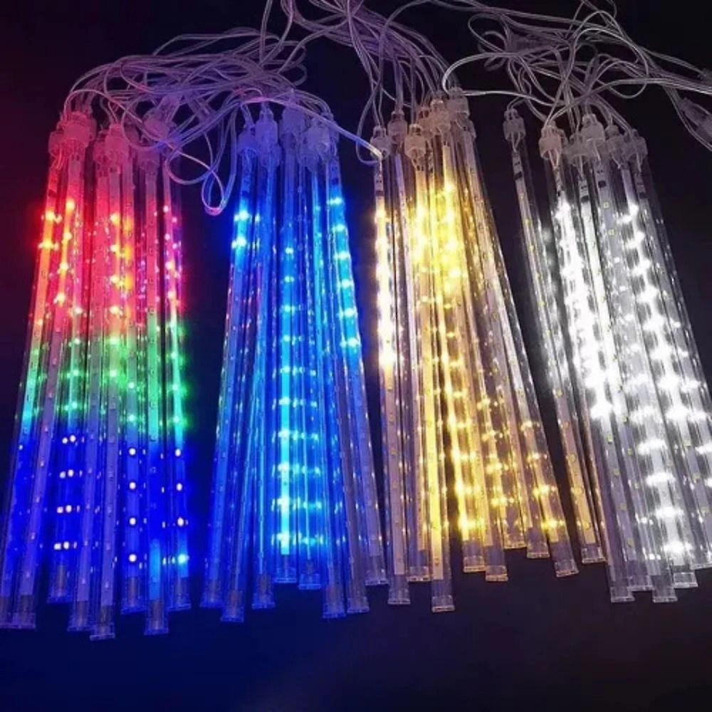Cascata de LED Meteoro Snowfall Efeito Chuva de Luz Kit 8 Tubos Branco Quente Bivolt OEM