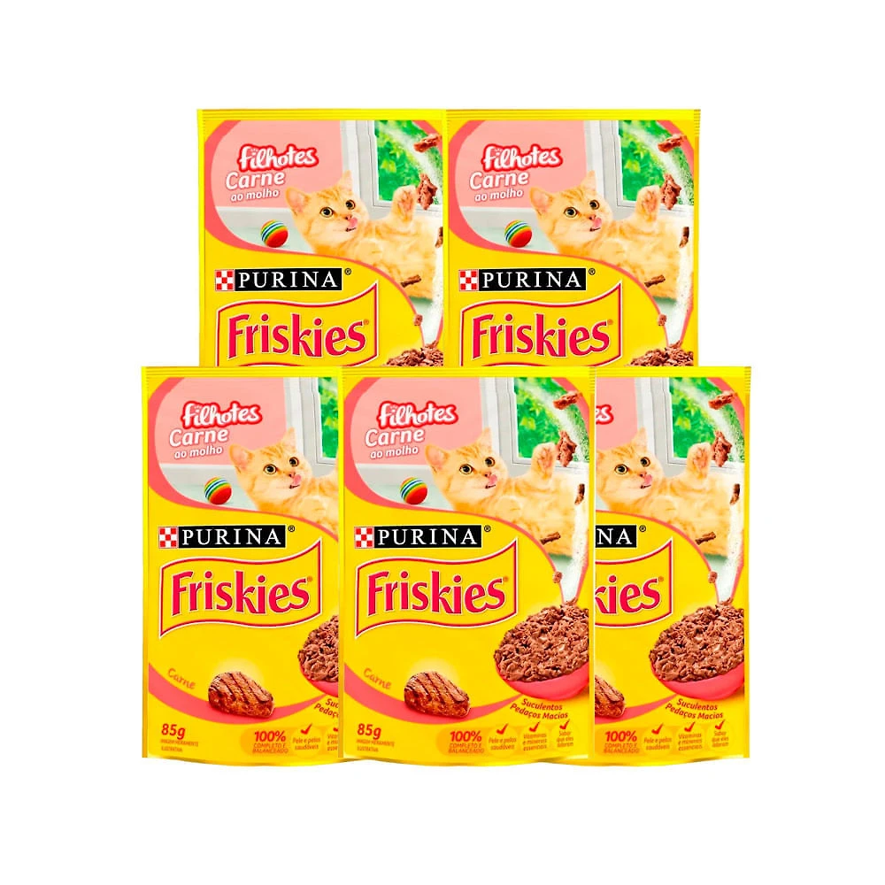Ração para Gatos Friskies Filhotes Sachê Sabor Carne ao Molho com 85g | Kit com cinco unidades