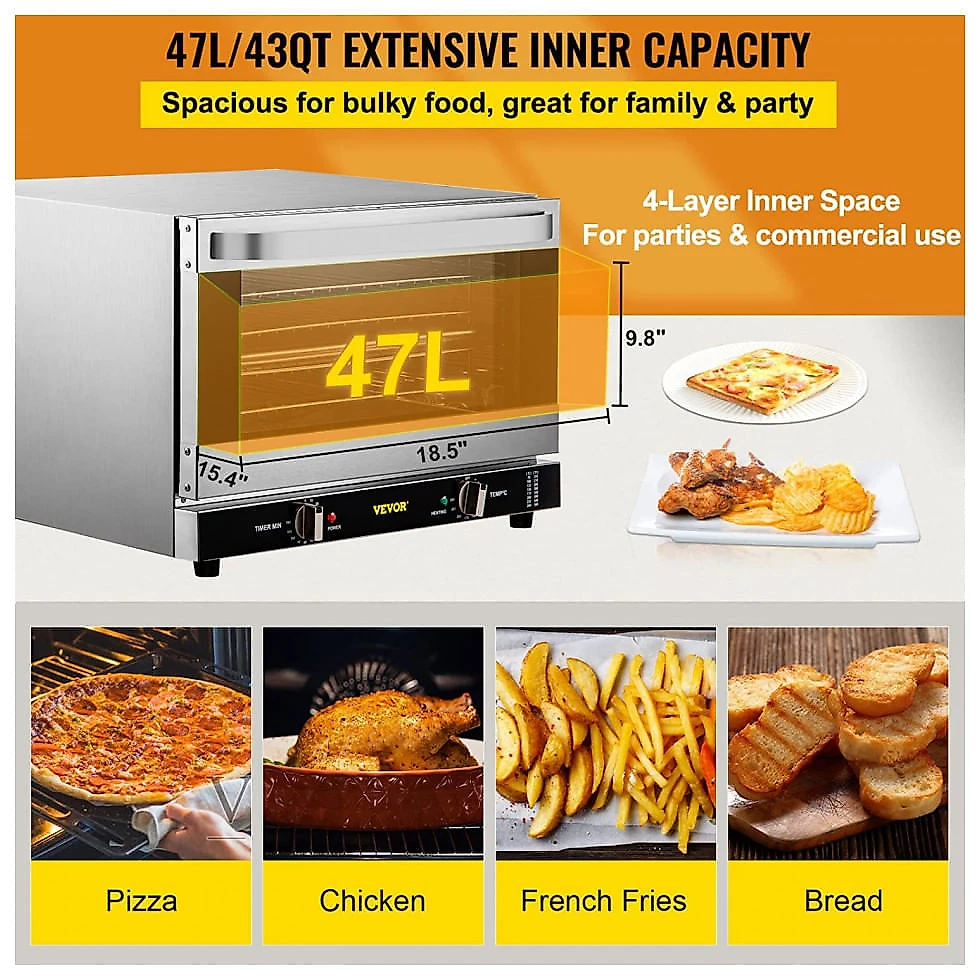 Forno Elétrico Profissional de Bancada 47L com 4 Andares, Aço Inoxidável, 110V 1600W, VEVOR, Prata