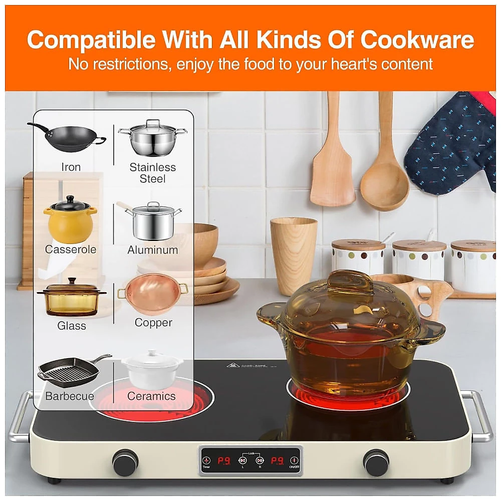 Cooktop Elétrico Portátil de Indução com 2 Bocas, 9 Níveis de Potência, Temporizador, 2 Alças, Controle de Botão e Trava de Segurança para Crianças, 110v