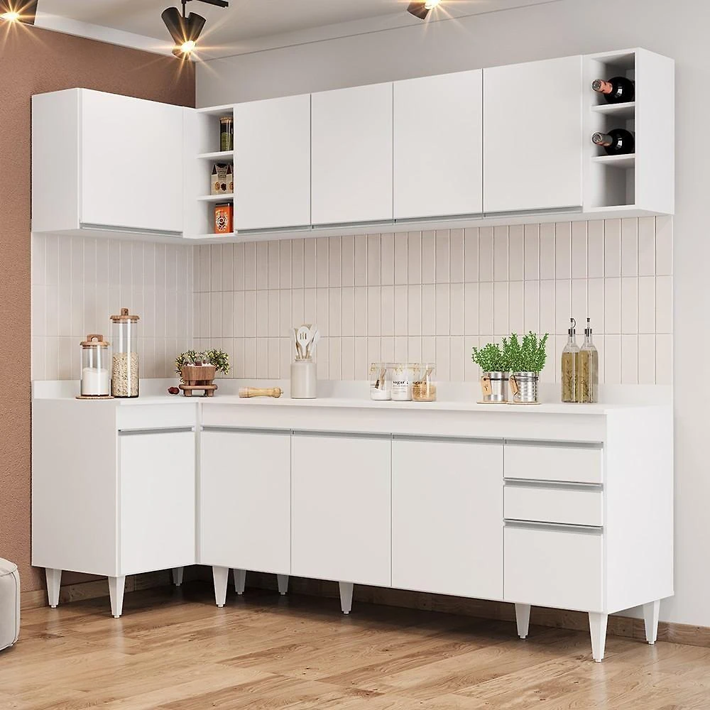 Armário De Cozinha Modulado De Canto Direito 5 Peças Cp44 Balcão Com Tampo Branco - Lumil