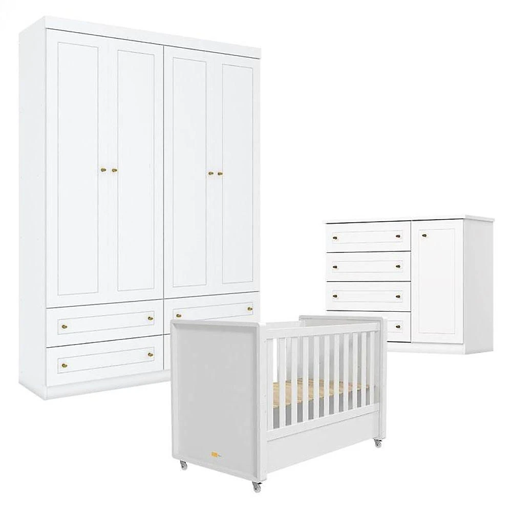 Quarto Infantil 4 Portas Americano Com Berço Tutto New Ambiente Branco Fosco - Matic