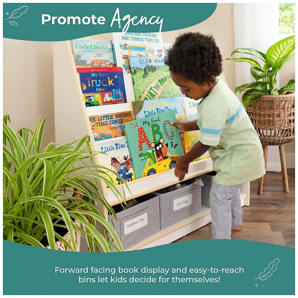 Estante infantil Guidecraft EdQ Book and Bin Display branca em madeira com prateleiras inclinadas e 3 caixas de tecido para livros e brinquedos