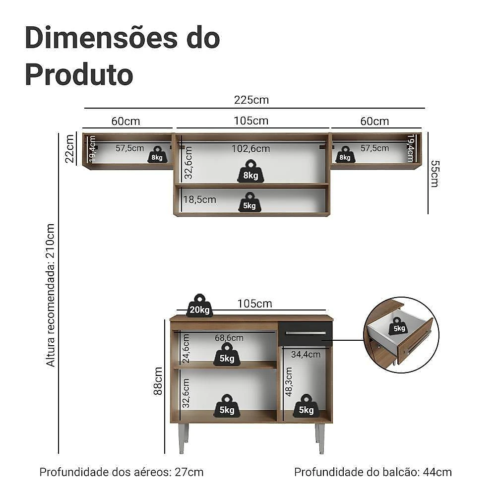 Armário De Cozinha Completa 225cm Rustic/preto Emilly Madesa 01xa Rustic/preto