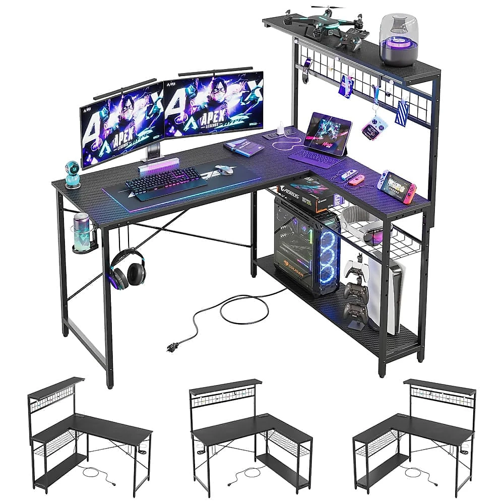 Mesa Gamer de Fibra de Carbono com Prateleiras de 4 Níveis, Luz LED, Suporte de CPU e Tomadas, 110V, Bestier, Preto 110v