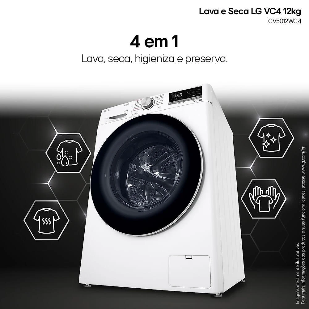 Lava e Seca LG VC4 Smart com Inteligência Artificial 12kg Branca CV5012WC4 127V