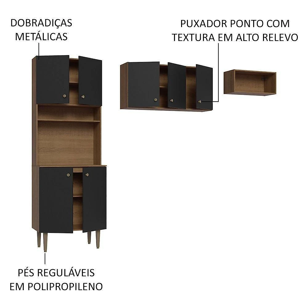 Armário De Cozinha Compacta Quiosque 235cm Rustic/preto Gourmet Madesa Xa Rustic/preto