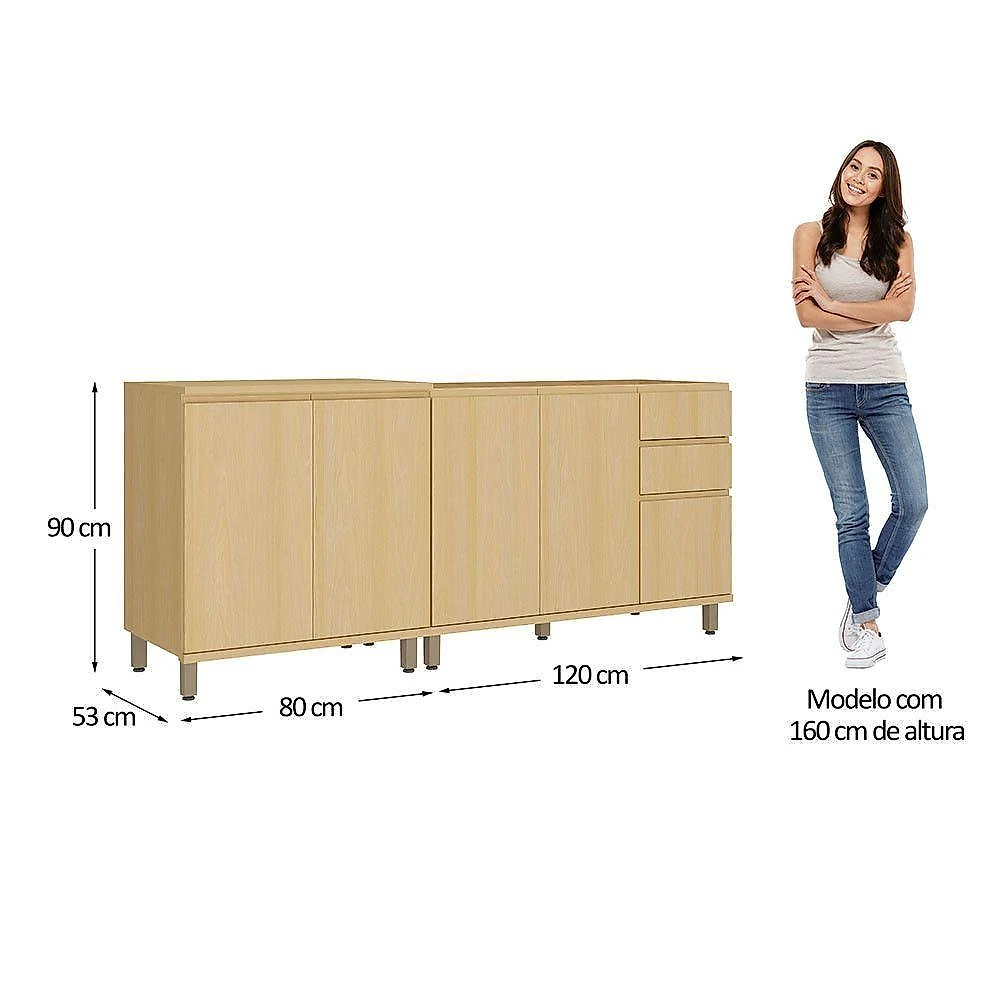 Cozinha Compacta Aura 5 Portas 2 Gavetas MDF 200CM Amadeirado