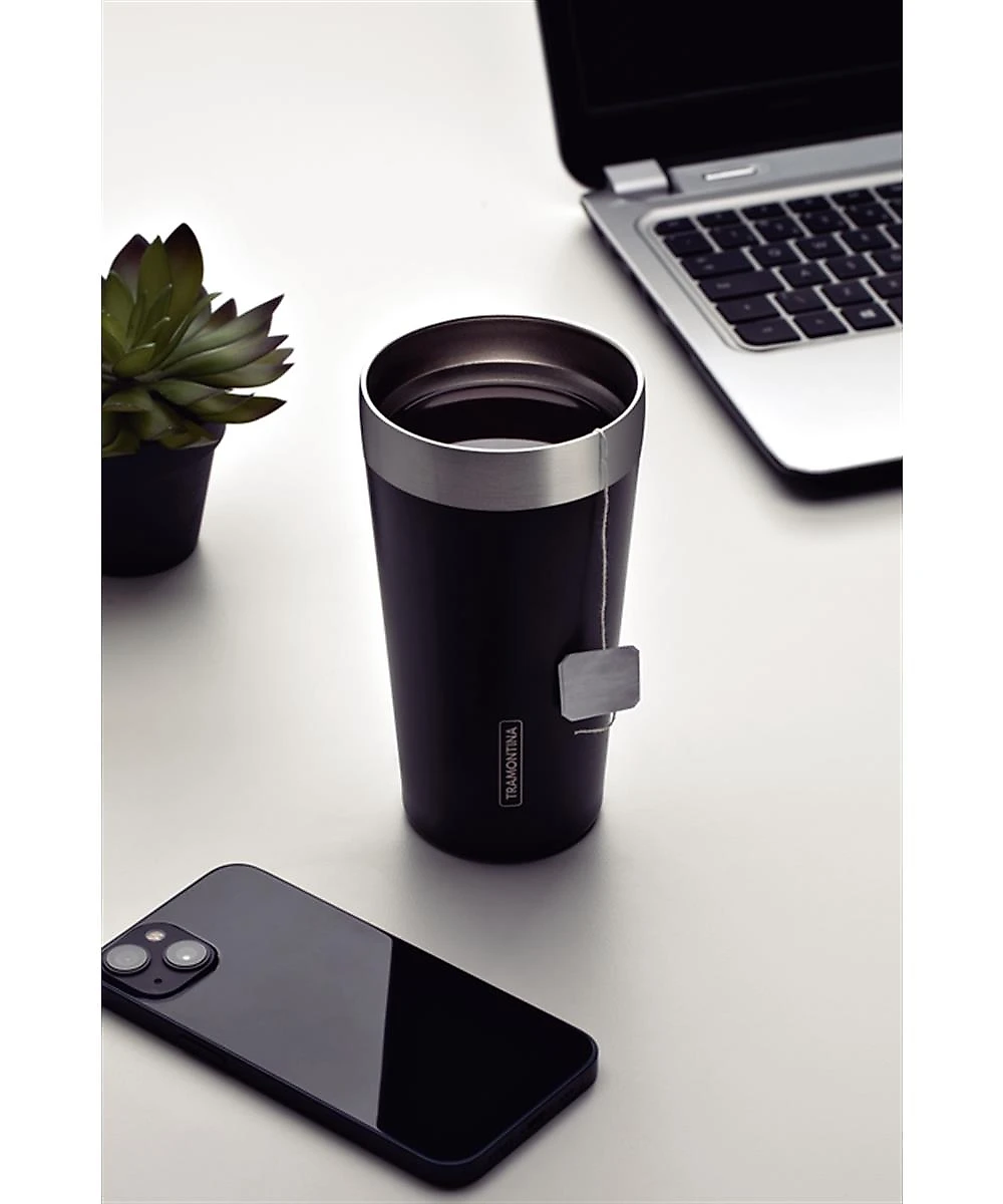 Copo Térmico Tramontina Exata em Aço Inox Preto sem Tampa 420 ml