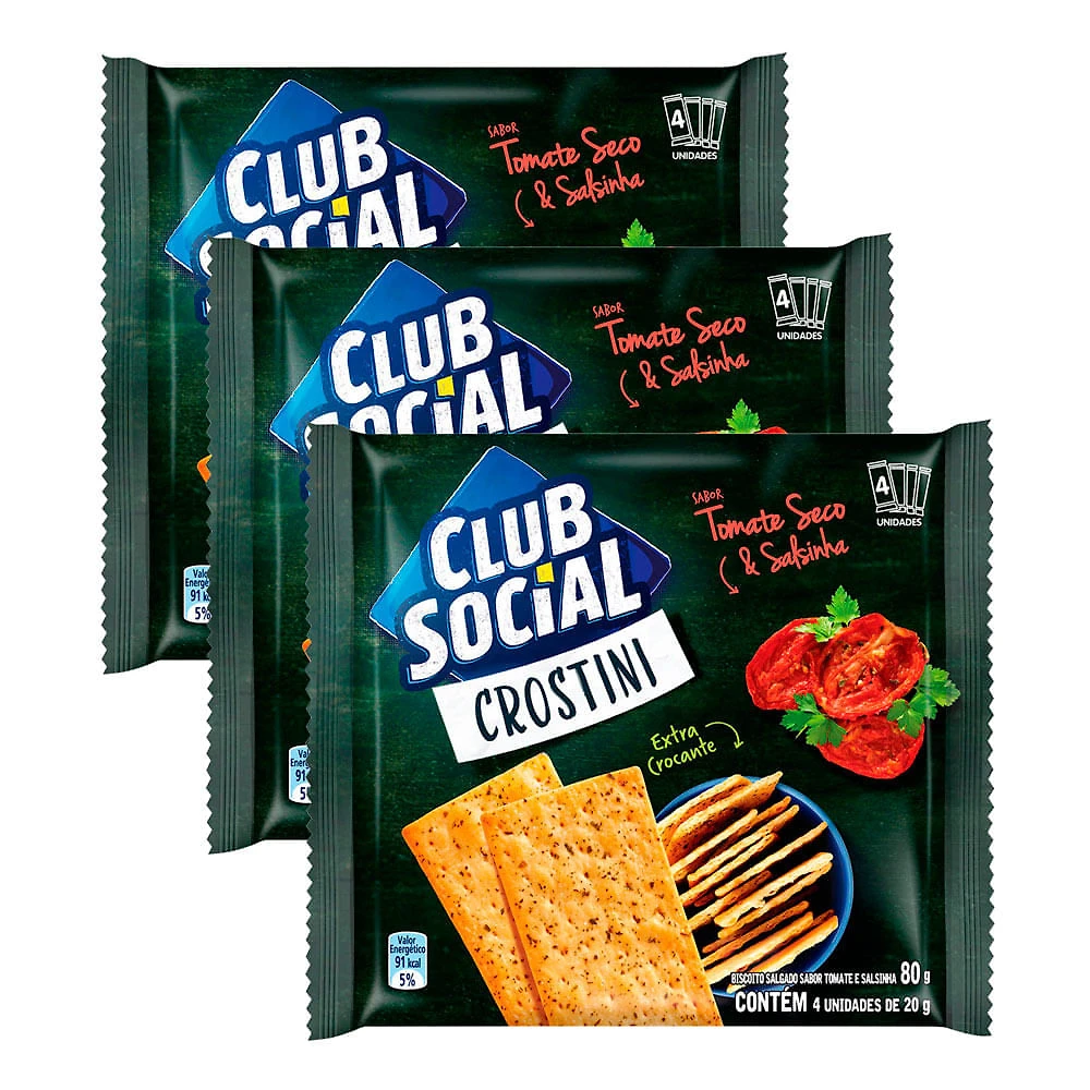 Kit 3 Biscoito Club Social Crostini Tomate Seco e Salsinha 80g