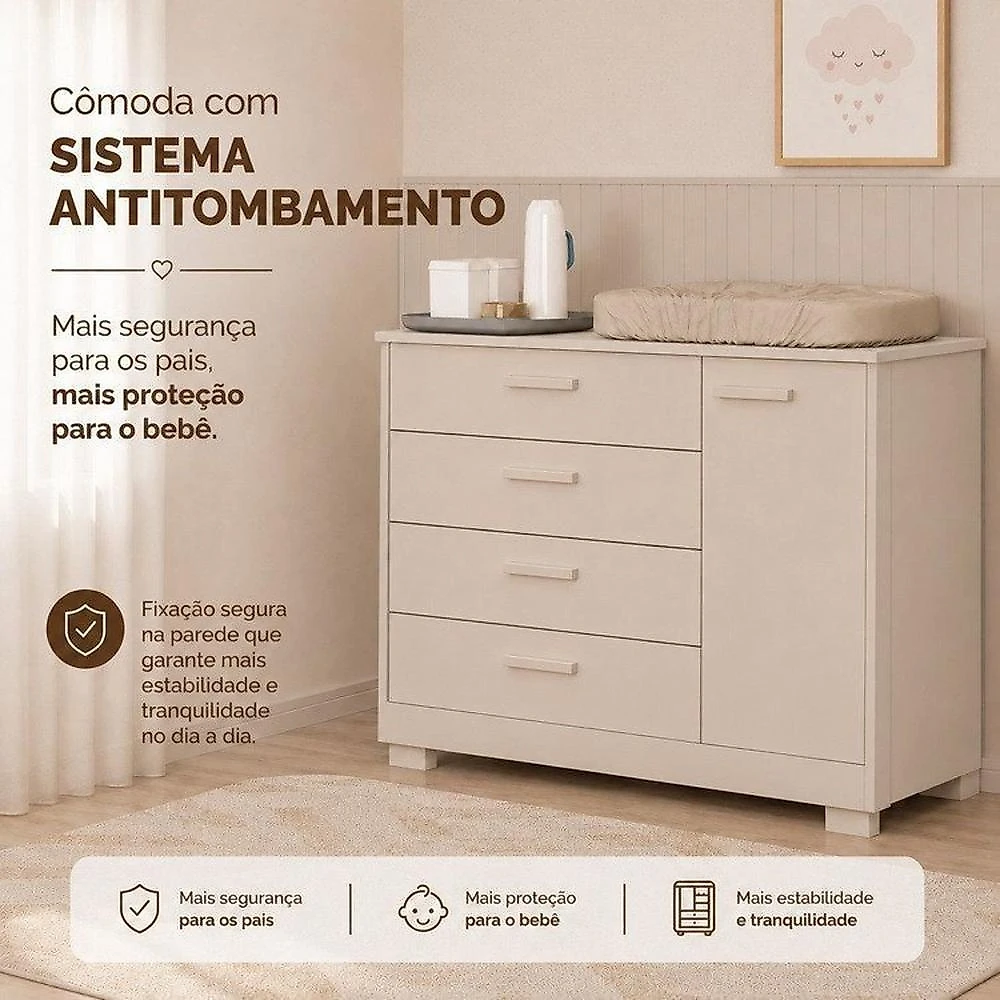 Quarto Completo Danny para Bebê 100% MDF com Cômoda Sapateira e Berço 2 em 1 Areia