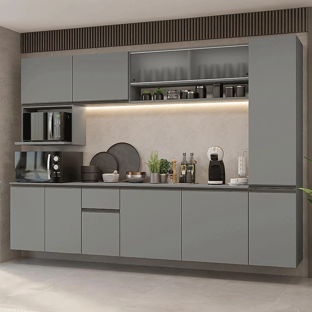 Armário de cozinha completa 280 cm suspensa  nice madesa 04 cinza