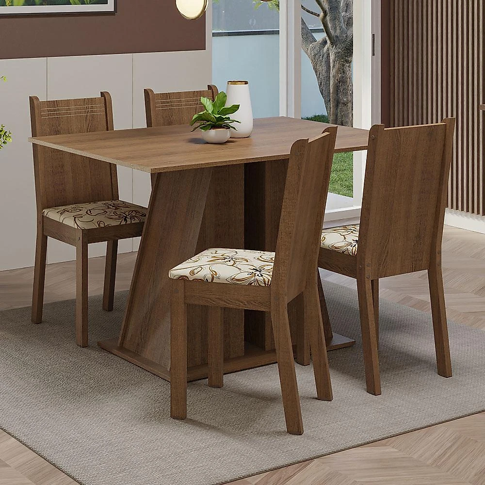 Conjunto sala de jantar mesa tampo de madeira 4 cadeiras rustic/lírio bege marilyn madesa