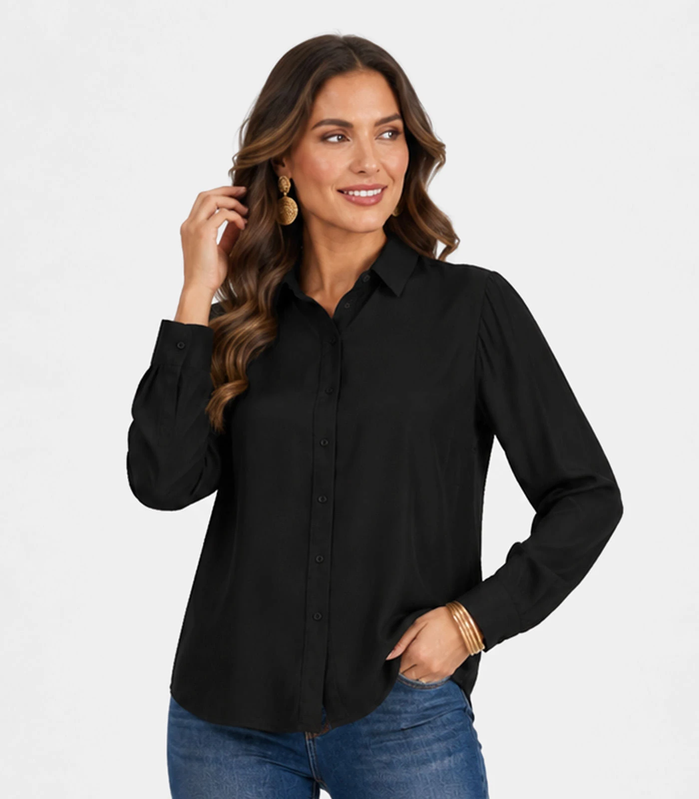 Camisa Feminina Manga Longa Em Viscose Slub Aishty Preto