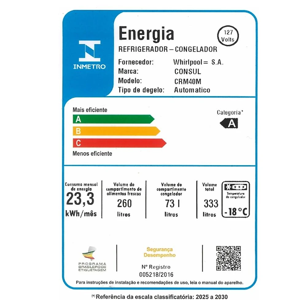 Geladeira Consul Frost Free Duplex CRM40MB, 333 Litros, Branca - 110V 110 Volts