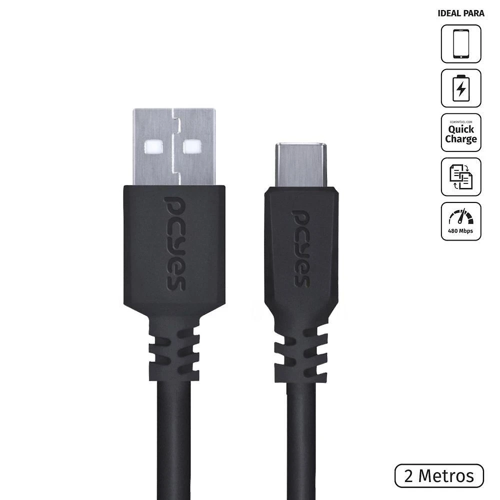 Cabo Para Celular Smartphone Usb A 2.0 Usb Tipo C 2M Preto