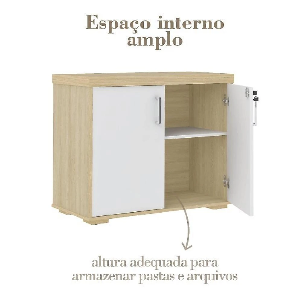 Kit Escritório Completo 1 Mesa 135cm 1 Balcão Baixo 1 Gaveteiro com Rodinhas Conjunto Escritório Completo 1 Mesa 135cm 1 Balcão Baixo 1 Gaveteiro Volante Artany Carvalho/Branco