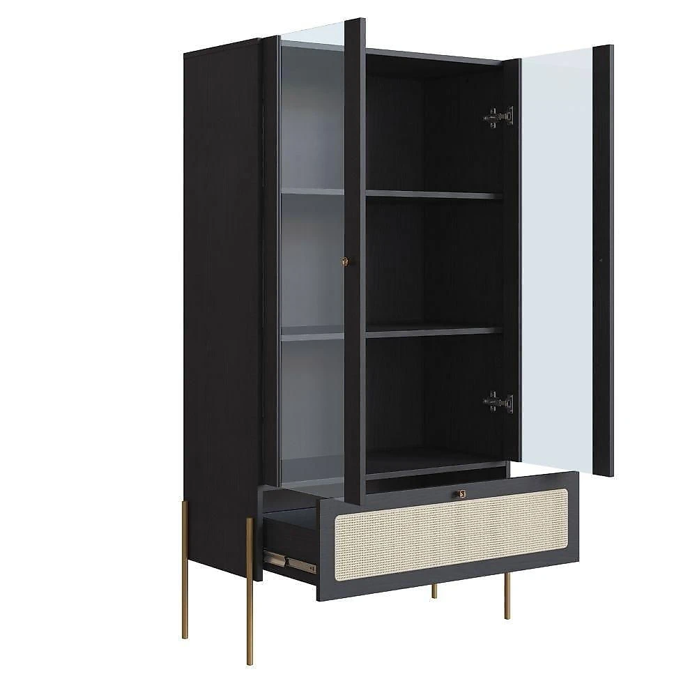 Cristaleira 2 Portas Oslo Artesano 83 Cm (larg) Mdp Nero Palha Sintética Bege E Pés Metal Dourado