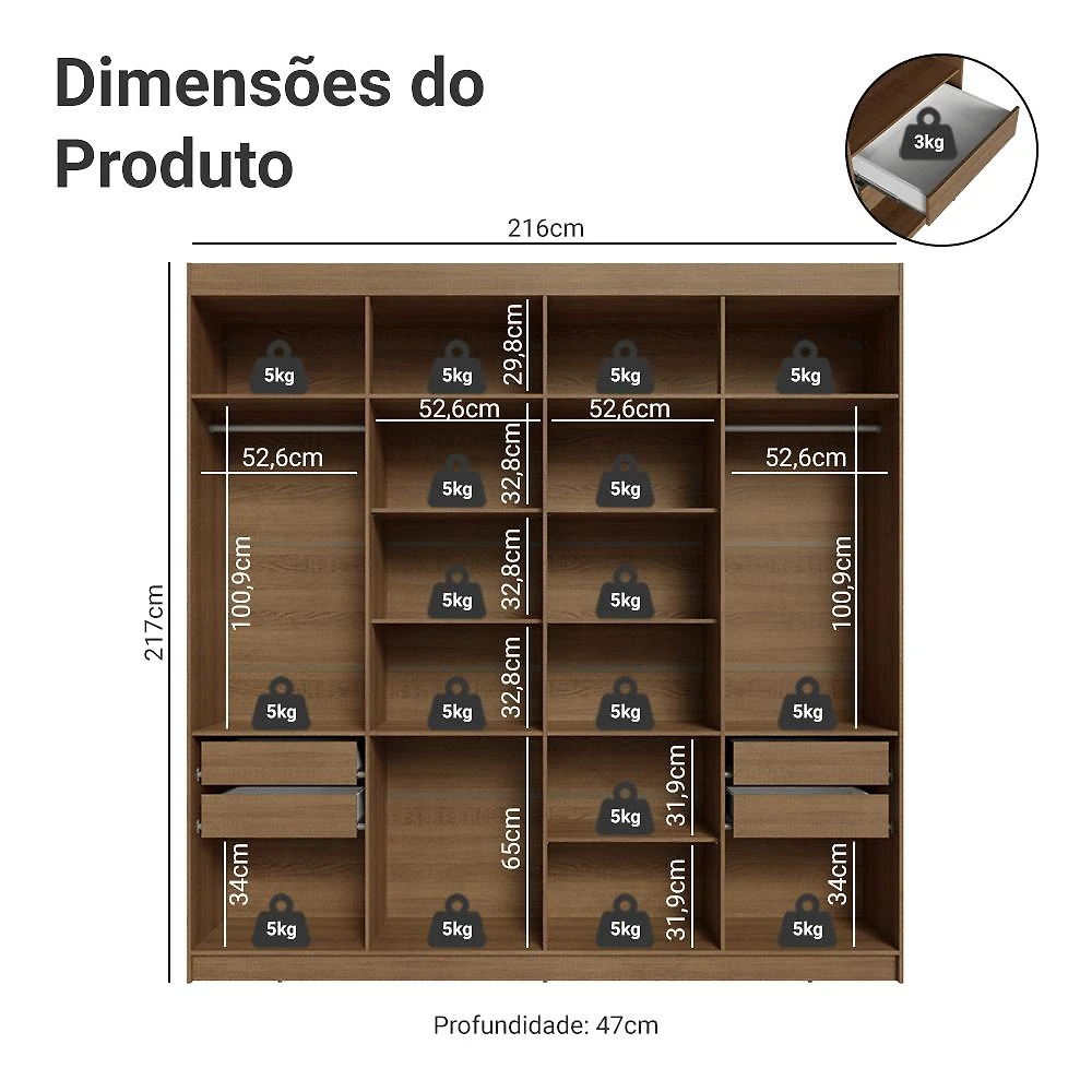 Miniatura Guarda-Roupa Casal 8 Portas Batentes Venus Madesa R Rustic/Branco/Rustic