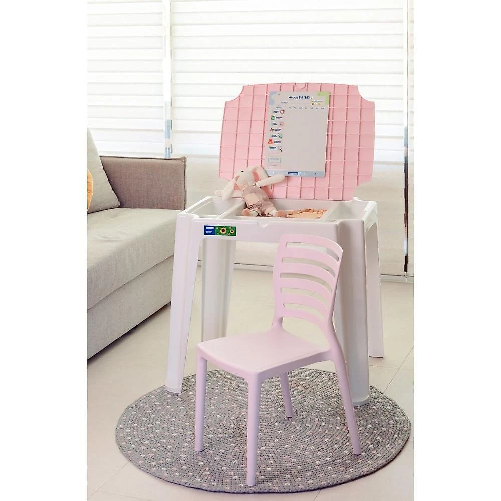 Conjunto De Mesa E Cadeira Infantil Tramontina Beni Em Polipropileno Rosa Com Quadro De Atividades