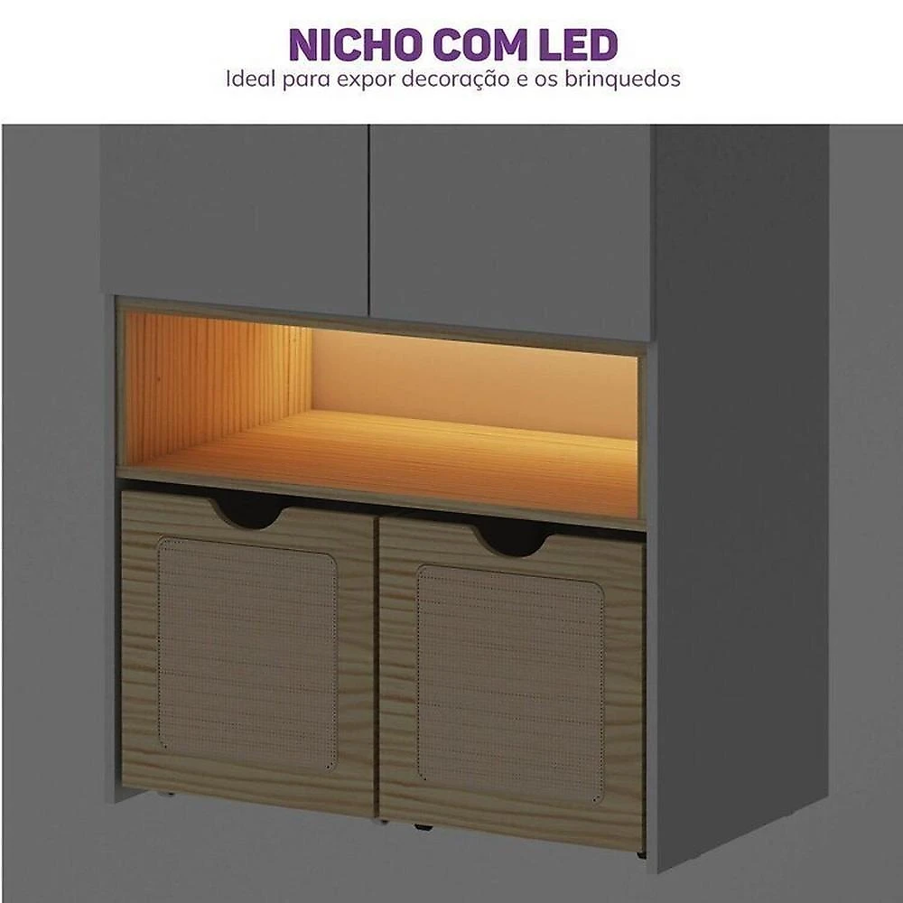 Conjunto Dormitório com Cama Montessoriana Casal e Guarda-roupa Modulado com Led Wave Casatema Branco/Natural