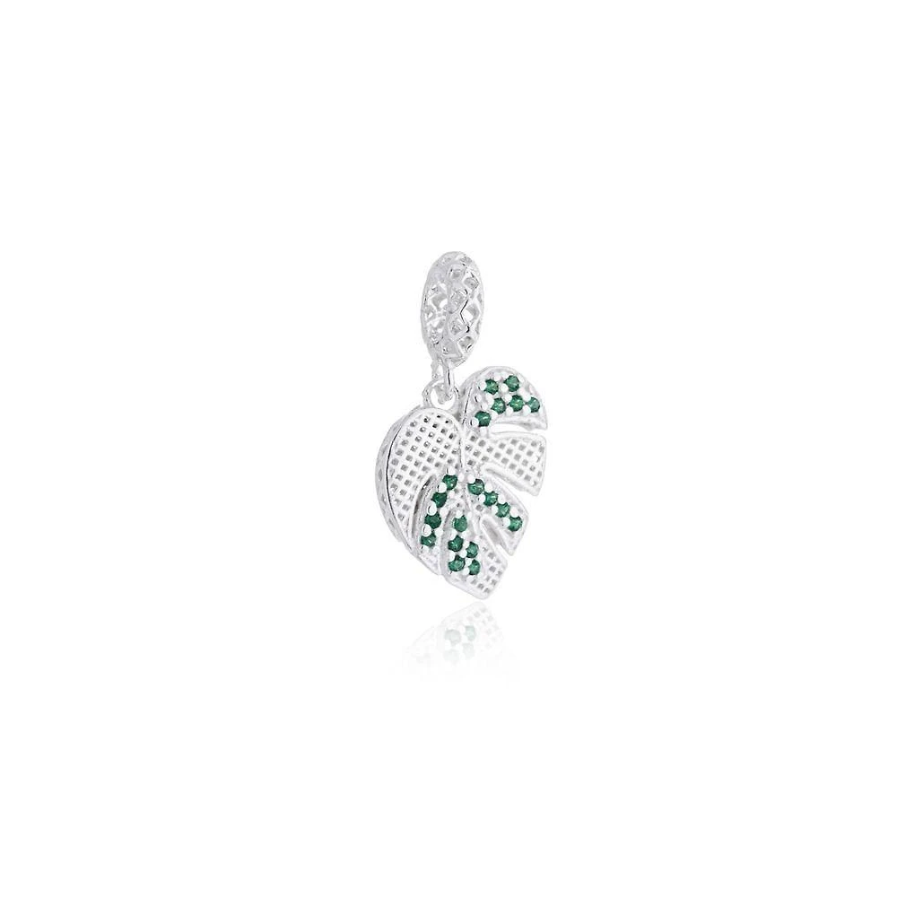 Berloque 3d Folha Zirconias Verdes Prata 925 2,1cm